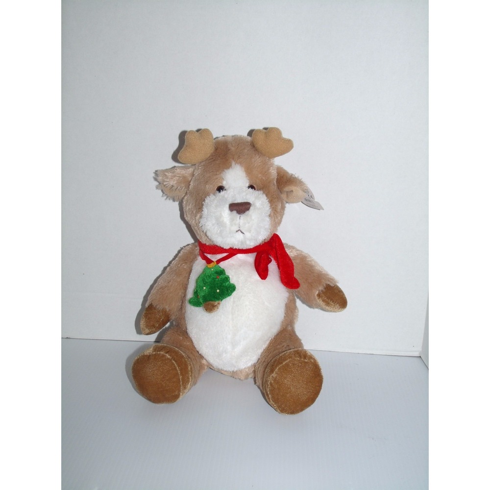 Heads and Tales Gund Beige White Reindeer Christmas Tree Red Scarf Plush 12" NWT